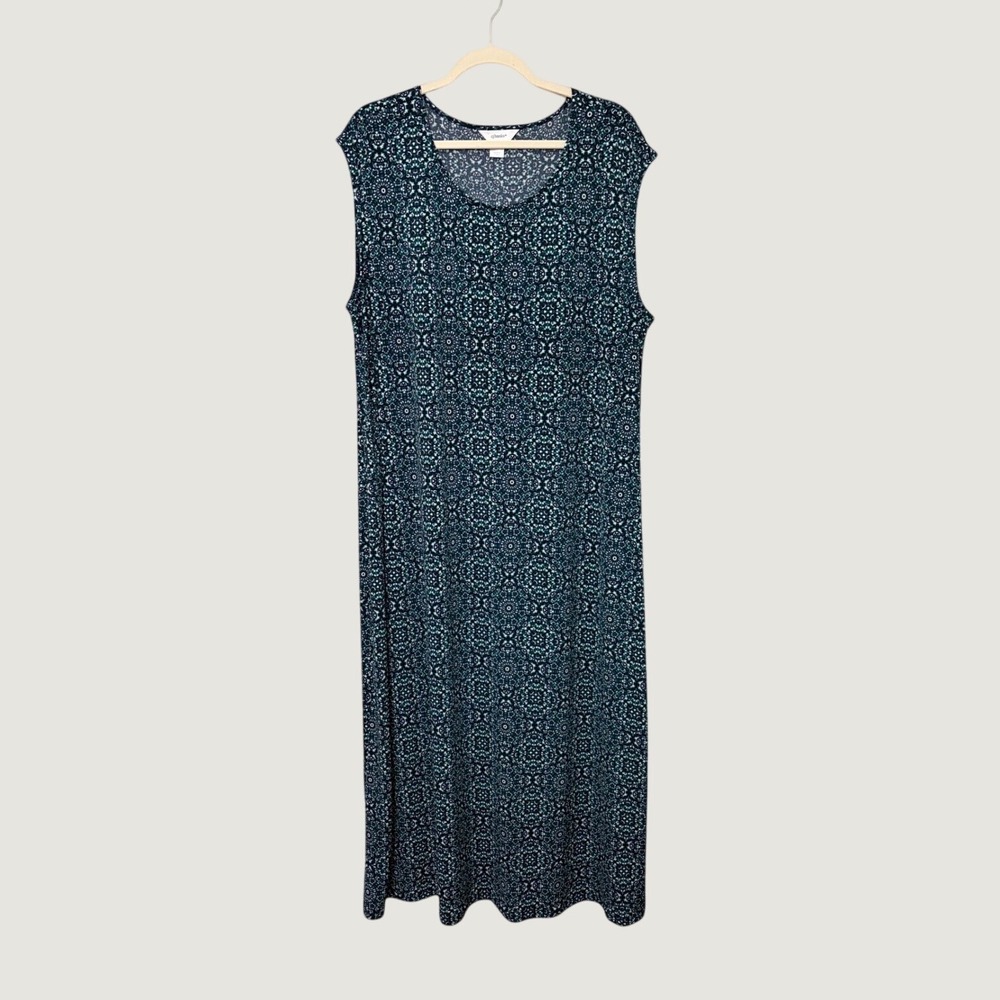 CJ Banks Womens 2X Blue Green Medallion Sleeveless Maxi Dress Scoop Neck Jersey